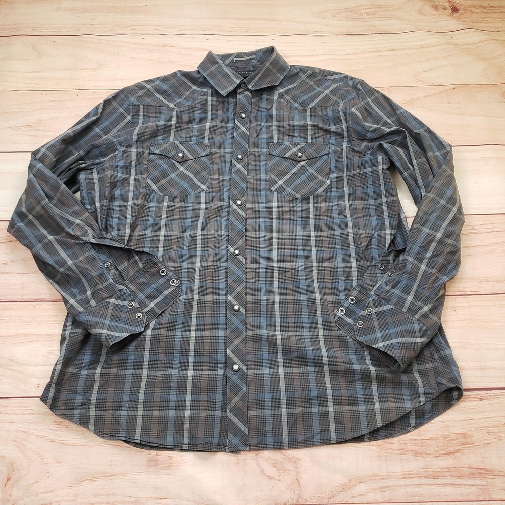 Banana Republic Shirt Mens XL Blue Gray Plaid Pearl Snap Long Sleeve Western